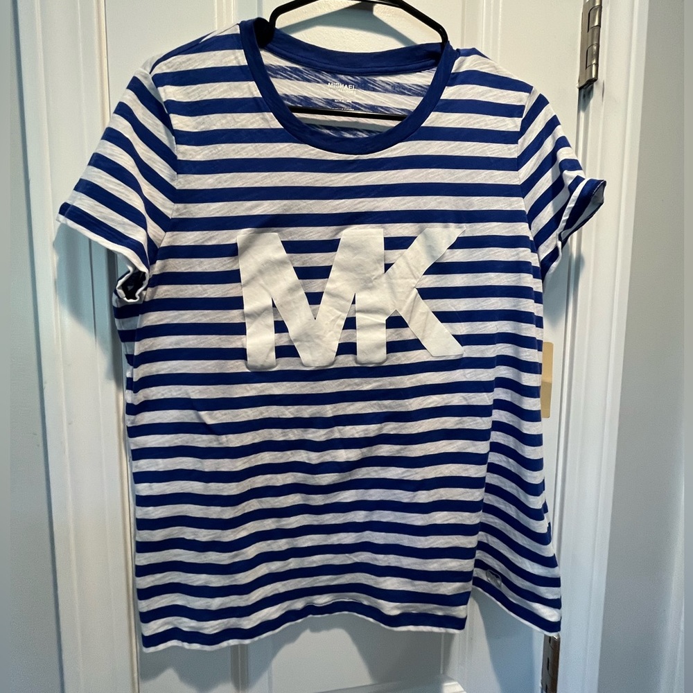 Michael Kors Royal Blue White Stripe MK Logo T-Shirt